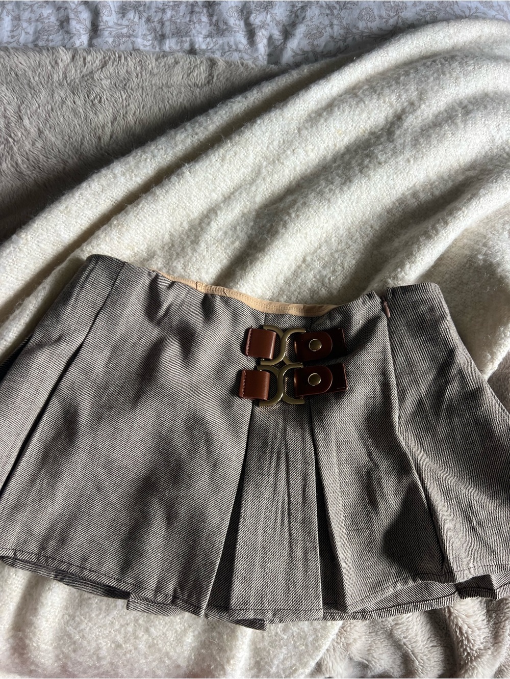 SHEIN Taupe Pleated Mini Skirt with Double Buckle Detail
